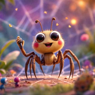 The primary subject of the image is a small, cute, and colorful spider with a big smile on its face. It is holding a microphone in its hands, giving the impression that it is a performer. The setting is a forest, with a background of trees and a spider web. The visual style is a digital art or illustration, creating a whimsical and playful atmosphere. The colors are predominantly shades of green, brown, and pink, giving the image a warm and inviting feel